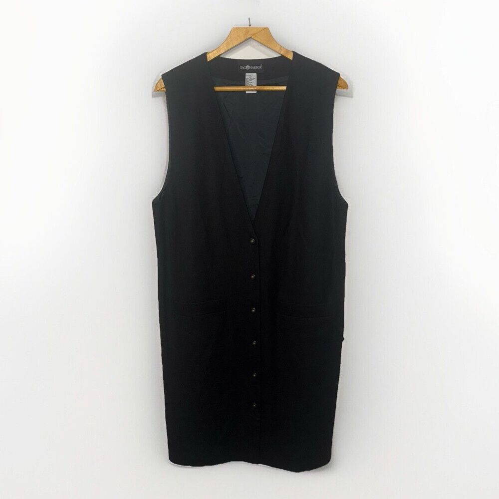 Vintage 90s 100% Wool Button Up Dress Jumper Black Size 14 Tall Sag Harbor NWOT